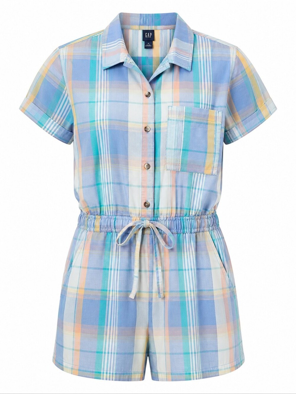 GAP | Pastel Madras Plaid Cotton Button Down Drawstring Romper Shorts | 14